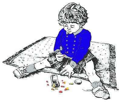 child sitting with an open pill bottle with pills scattered on the floor