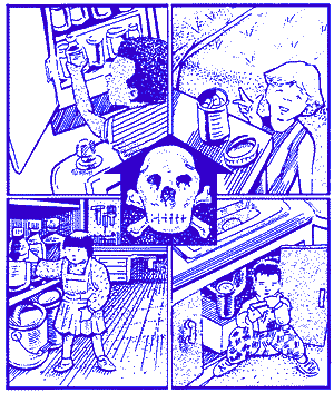 a polyptych showing children in various poison exposure settings in a typical home