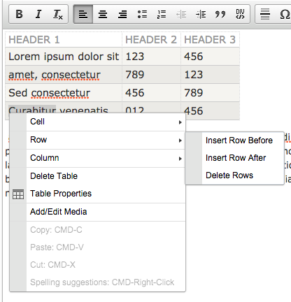 Table right-click