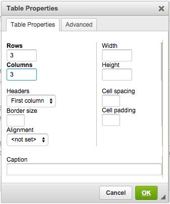 table properties.