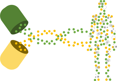 illustration of dots emerging from a capsule forming a helix then the shape of a human figure mixed with atomic symbols and other sciencey shapes.