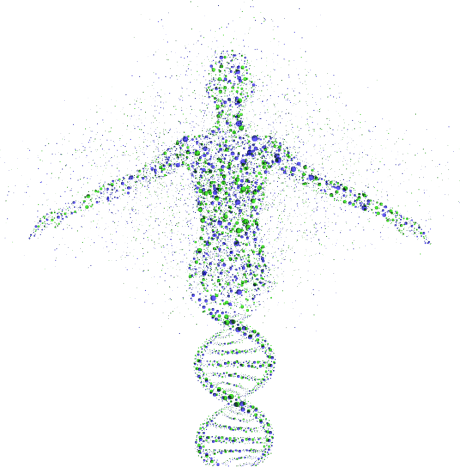 illustration of blue and green dots forming a helix and intertwined with a human figure.