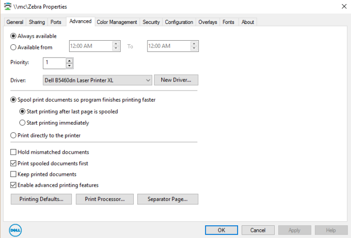 Windows zebra driver properties