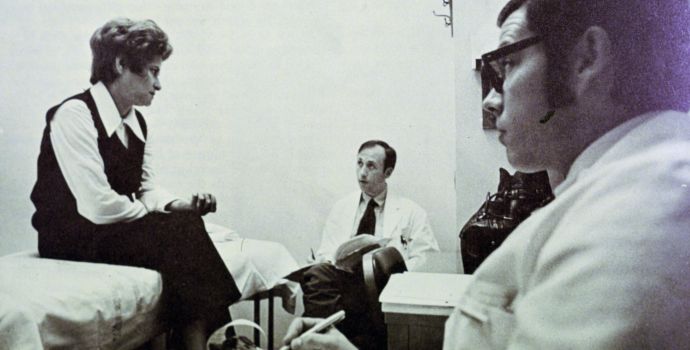 In January 1972, pharmacists consult with a patient