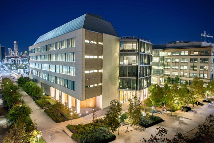 buildings shown at sunset on the Mission Bay campus