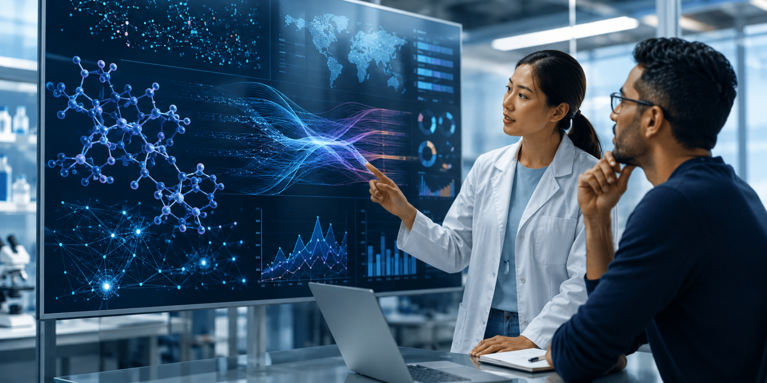 two researchers view health data on a large screen