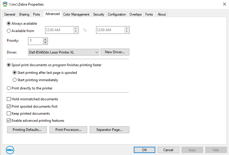 Windows zebra driver properties